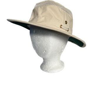Tilley Endurables Airflo Hat Beige & Green Outdoor Hike Size 7 1/4 Strap Snaps